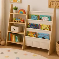 Vaikiška knygų lentyna su medžiaginėmis kišenėmis