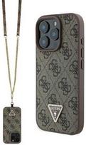Guess Leather Metal Logo Strass Crossbody Apple iPhone 16 Pro Max - dėklas telefonui rudos spalvos