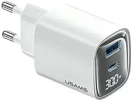 Usams 30W gan led usb+usb-c cc229 greito įkrovimo sieninis įkroviklis, baltas