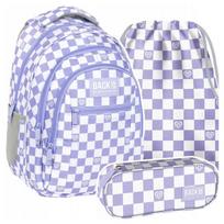 Mokyklinis kuprinės komplektas, 3 dalių, violetinė - šachmatų raštas