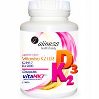 Maisto papildas Aliness Vitamin K2 MK-7 Natto + D3 2000 IU, 60 kapsulių