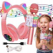 Vaikiškos ant ausų ausinės su katės ausytėmis ir Bluetooth mikrofonu karaoke