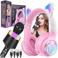 Belaidės ausinės su LED RGB kačių ausytėmis ir mikrofonu, karaoke rinkinys