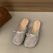Fashion Women's Summer Rhinestone Decor Lace Mules Breathable Mesh Ladies Slippers Fashion Cover Toe Dress Flats Slides for Women 35