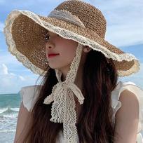 Large Brimmed Lace Edged Straw Hat Ladies' Outdoor Beach Sunscreen Hats Fashionable and Gentle Temperament Bucket Cap Leisure Fisherman Caps
