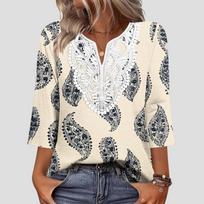 Women V Neck Lace Patchwork Floral Print Three Quarter Sleeve Casual Loose Fit Blouse for Daily Wear Office Travel M
