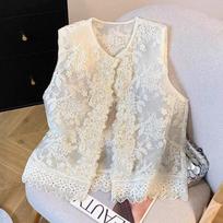 Women Floral Embroidered Lace Round Neck Sleeveless Vest M