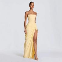 2026 spot new women's clothing one-word neck tube top solid color slit fashionable sexy backless evening dress S