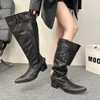 Fashion New Style Women's Square Toe Lace-Up Bow Pleated Fashion Boot Vintage Big Barrel Wrap Block Heel Stack Mid-Barrel Boot for Women 35