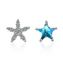 Fashion Korean Style  Sterling Silver Small Earrings Asymmetric Five Pointed Star Blue Zircon Crystal Earrings  Bijoux