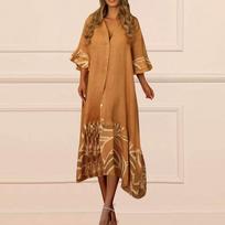 Women Casual 3/4 Sleeve Summer Dresses Spring Patchwork Boho Floral Ruffle Maxi Dress L oranžinė