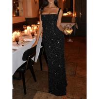 Women Sexy Sequin Slim Fit Spaghetti Strap Long Elegant Formal Party Dress S juoda
