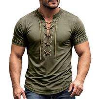 Men's Short Sleeve Shirt Vintage V-Neck Lace-Up Casual Color Summer Top L