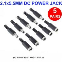 5 Pairs of 2.1x 5.5mm Male+Female to DC Power Plug Power  Connectors 5 Pairs black