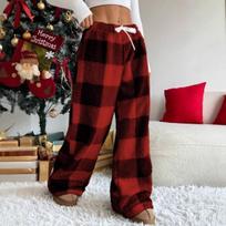 2025 Autumn Winter Women's Wide Leg Pants Loose Casual High Waist Belted Plaid Print Fluffy Trousers S raudona