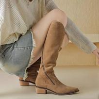 Fashion Trendy Long Tube Boots 2024 Autumn and Winter New Solid Color Zipper Design Sense Large Casual High Tube Knight Women's Boots 35 chaki