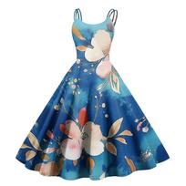 Women's Floral Print Sexy Off Shoulder Punk Retro Dress L mėlyna