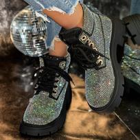 Retro Booties Fall Winter New Rhinestone Lace up Round Toe Platform Plus Size Women's Shoes Comfortable Soft Sole Non slip Design Fashion Style Daily 36