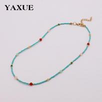 Turquoise Beaded Choker Necklace with Multicolor Accents – Gold Tone Adjustable Boho Necklace for Women, Summer Beach Jewelry Gift žalia