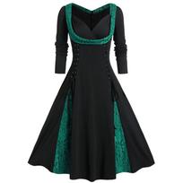 Women's V-Neck Lace Patchwork Button Long Sleeve Women's Dress Pleated Dress XXXL