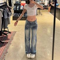 Large Size Micro Flare Washed Cracked Denim Jeans Women Big Yards Wide-legged Loose Design Towing Straight Straight Long Trousers Long Denim Pants XS