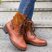 Women's Brown Lace-Up Martin Boots - Large Size, Leather, Buckle, 2021 Autumn/Winter Collection 35
