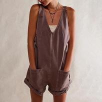 2024 Summer European & American Style Pocket Strappy Washable Denim Jumpsuit Shorts