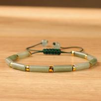 Green Jade Tube Bead Bracelet – Gold Accent Adjustable Boho Jewelry, Serenity Protection Gift for Men & Women žalia