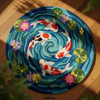Koi Fish Pattern Round Area Rug, Soft Non Slip Floor Mat for Living Room and Bedroom, Durable Machine Washable Home Decor Diameter 60cm