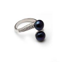 Real Natural Freshwater Black Double Pearl Ring Woman,Exquisite 925 Sterling Silver Ring Adjustable Wife Mother Birthday White white