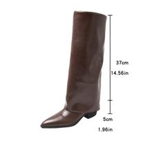 Women's Sexy Pointed Toe Knee High Boots Fashion Bottes Femmes Black Wedge Heel Long Boots Woman Pu Leather Riding Botas Mujer 35 tamsiai ruda spalva
