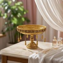 Decorative Pedestal Tray Golden Vintage Finish with Tassels Ornate Display Stand for Tabletop,