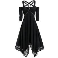 Punk Style Solid Color Plus Size Lace Trim Long Sleeve Irregular Suspender Midi Dress S