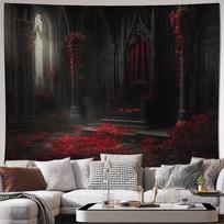 Elegantiškas gotikinės katedros scenos gobelenas, sienos dekoracija, raudonos rožės, tamsus romantiškas prabangus meno dekoras 150x300cm 100X70CM black