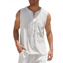 Men's Vest Shirt Lace-up Fashion Solid Color Cotton Linen Short-sleeved T-shirt S