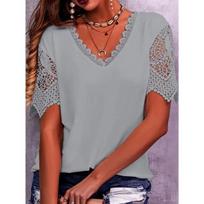 Women's Lace Loose V-Neck Short Sleeve T-Shirt S