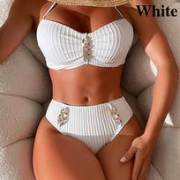 2024 New Europe and The United States Bikini Set Cross-border Wish Stripes Hanging Neck Fashion Split Biniki Swimsuit Female L raudona