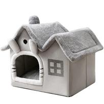 Pet Dogs and Cats Indoor Warm House Cat Litter Cozy Fleece Cabin Litter Dog Kennel S pilka