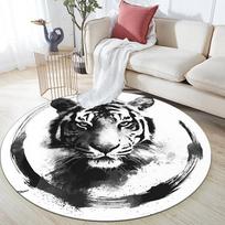 Black and White Ink Tiger  Round Area Rug,Carpet Rug for Living Room Bedroom Sofa Playroom Decor,Non-slip Floor Mat 80cmx80cm