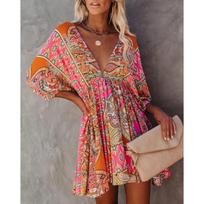 Sexy collar waist print dress S raudona