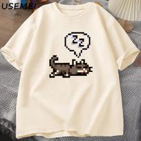 Stardew Valley Sleeping Cat Sploot Graphic T Shirts Men Casual Funny Short Sleeve T-shirt Unisex Cotton Tees Men's Clothing M white