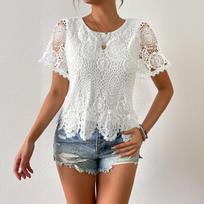Women Lace Hollow Out Short Sleeve Casual Round Neck Top Blouse with Delicate Floral Pattern for Everyday Wear XL