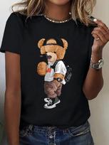 Laisvalaikio patogaus kirpimo viršus moterims Sportinė apranga Animacinio lokio rašto spaudinys Trumpomis rankovėmis T-shirt S įvairiaspalvis