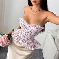 Women Sweet Style Floral Patchwork Lace Strapless Bandeau Corset Tube Top S