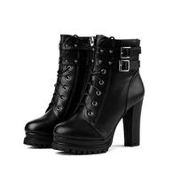 Women Autumn Ankle Boots Sexy Office High Heels Platform Boots Round Toe Leather Booties Black Pumps Ladies Party Shoes New 35