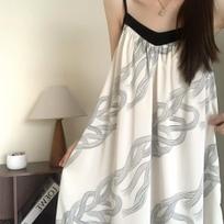 Sexy Pajamas Women's Ice Ribbon Chest Pad Loose V-Neck Suspender Pajamas Long Knee National Style Silk Loungewear m recommended [80-120] pounds