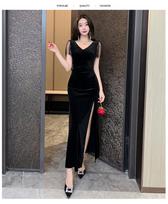 New evening dress women's high-end sexy low-cut dress women's thin temperament V-neck long dress S juoda