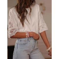 Summer New Hollow Lace Trim Batwing Shirt, Elegant Crew Neck Elbow Sleeve Blouse for Women European American Style S