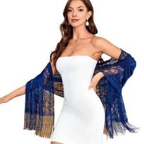 Women Shawl Hollow Embroidery Lace Flower Pattern Summer Shawl with Tassel Hem UV Protection Neck Shoulder Cover