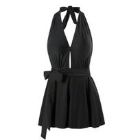 Swimsuit Female Summer Sexy V-neck Backless One-piece Skirt Style Halter Top Swimwear M juoda